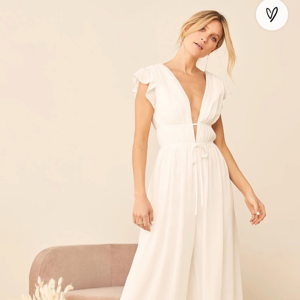 Lulus “Our Love Song” white ruffled wide leg jumpsuit